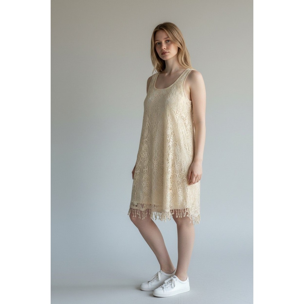 Cal Style Cream‎ Lace Tassel Fringe Swing Dress Woman 2XL Sleeveless Boho Ivory